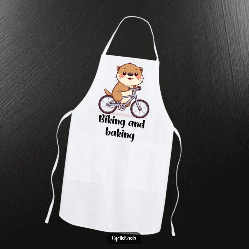 Funny apron showing a sporty otter wiggling its nose while riding a bike, designed for kitchen fun and protection.