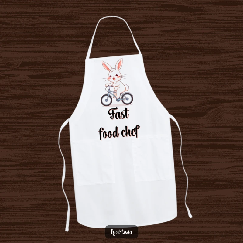 Funny Apron: An energetic bunny with a joyful grin pedals a bicycle, perfect for kitchen adventures.