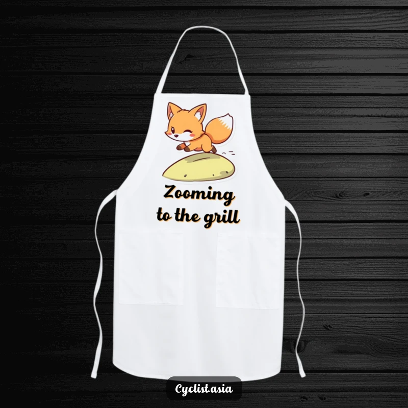 Funny apron showing a playful fox with wind in its tail, zooming downhill. Practical kitchen wear with excitement.