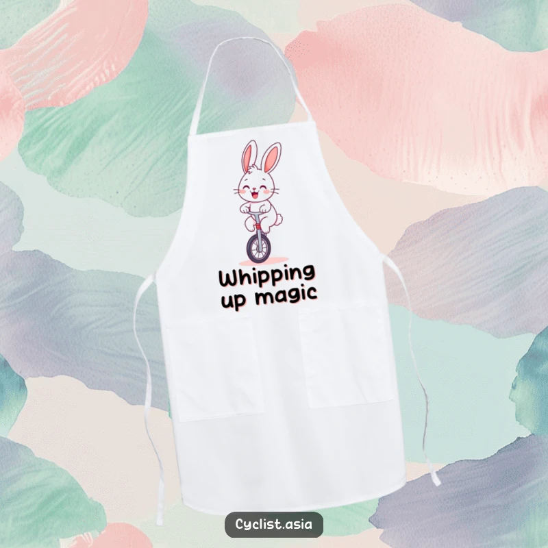 Funny bunny apron, cheerful creature balancing on a unicycle, chef gear that's humorous and practical, ideal gift.