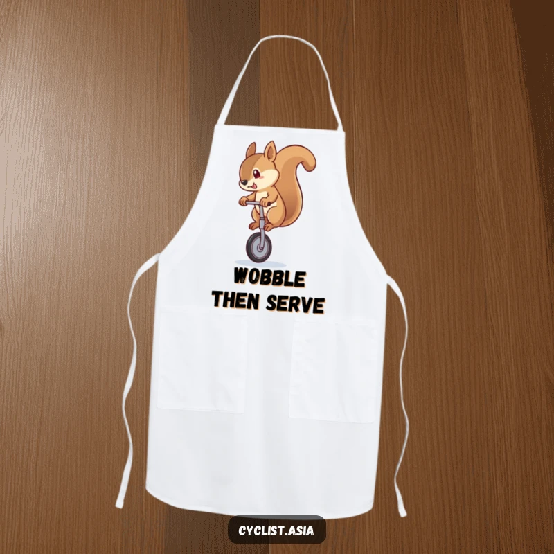 Funny squirrel apron depicting a squirrel masterfully riding a unicycle mid-wobble, ideal for a humorous and practical kitchen accessory.