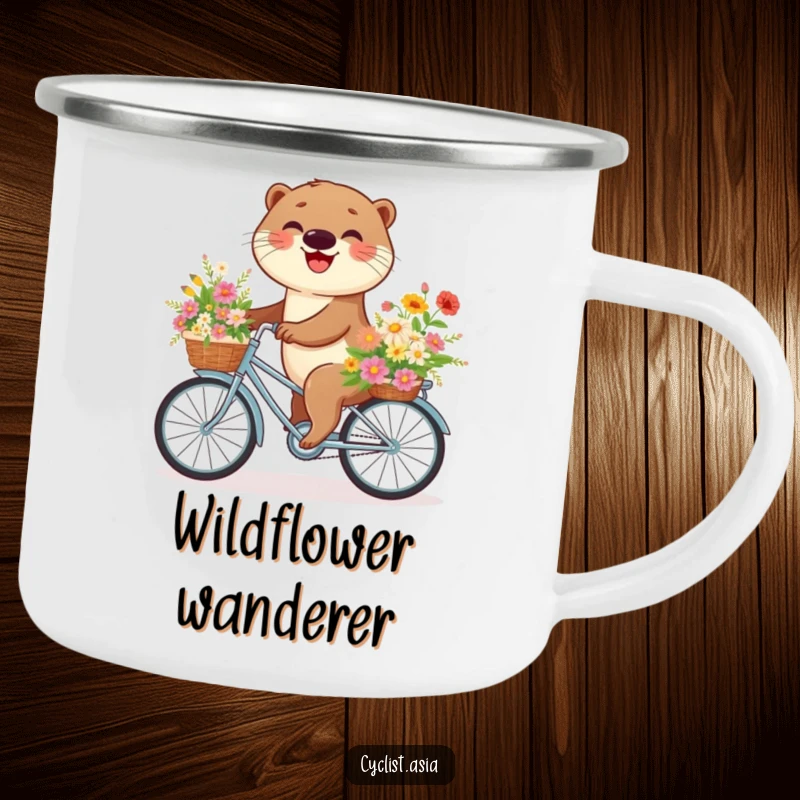 Funny otter camping mug showing an otter on a flower-filled bike, designed for durability and cheerful outdoor drinking.