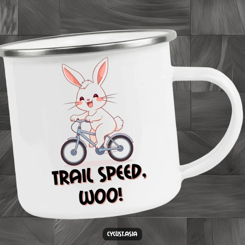 Funny Camping Mug: An energetic bunny with a joyful grin pedals a bicycle, wind in its fur.
