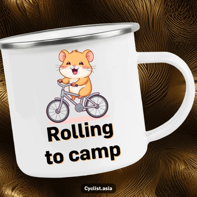 Funny hamster camping mug, enamel cup with a happy hamster pedaling a tiny bike, outdoorsy and humorous gift.