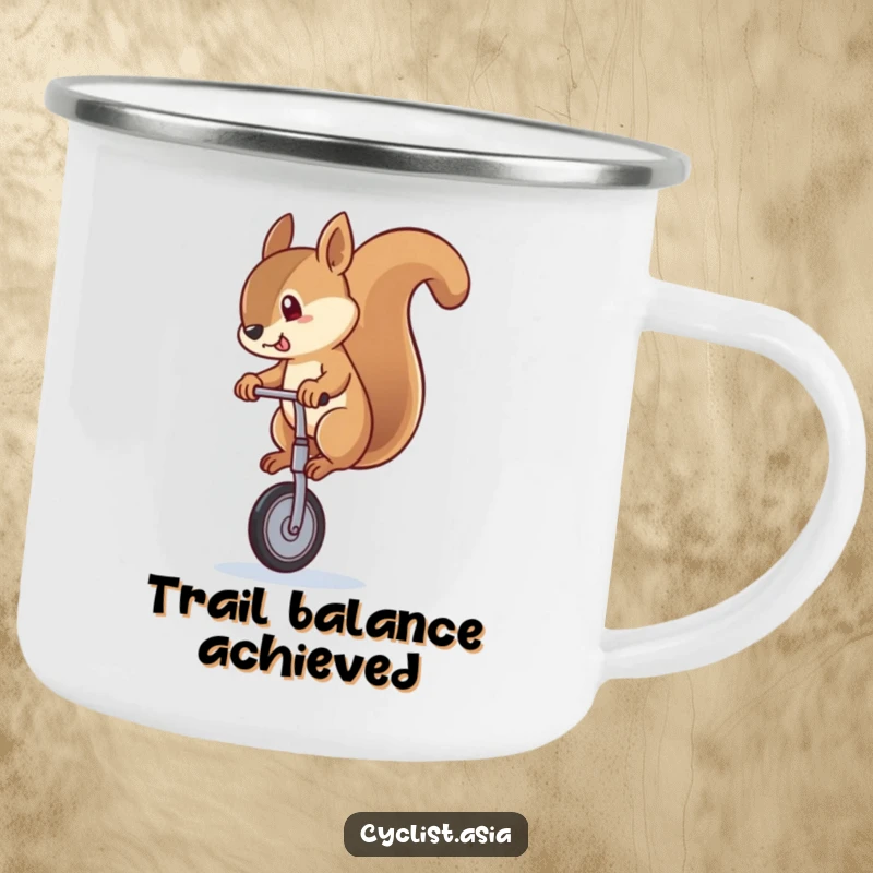 Funny squirrel camping mug showing a squirrel wobbling on a unicycle, designed for durability and humor on outdoor excursions.