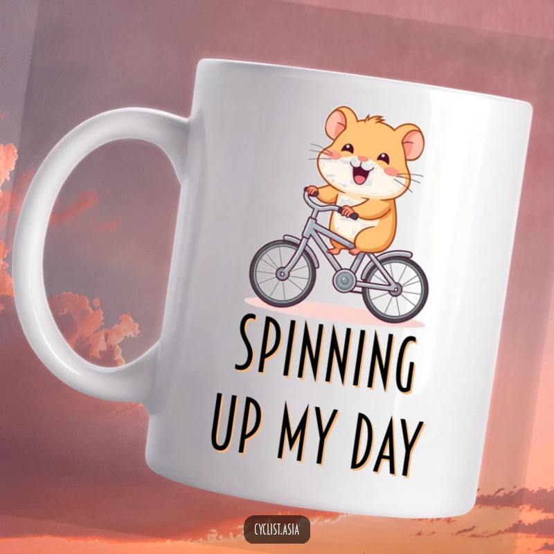 Funny hamster mug, happy rodent joyfully pedaling a tiny bicycle, cute and humorous ceramic cup.