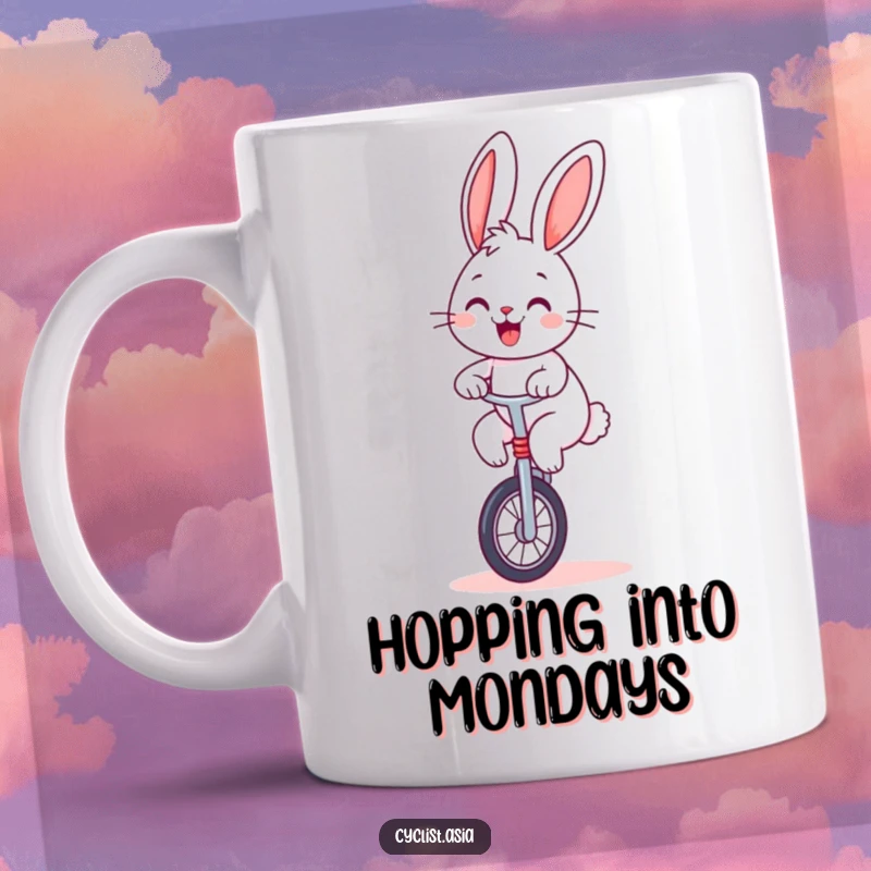 Funny bunny mug, cheerful rabbit smiling while balancing on a unicycle, whimsical and humorous ceramic cup.