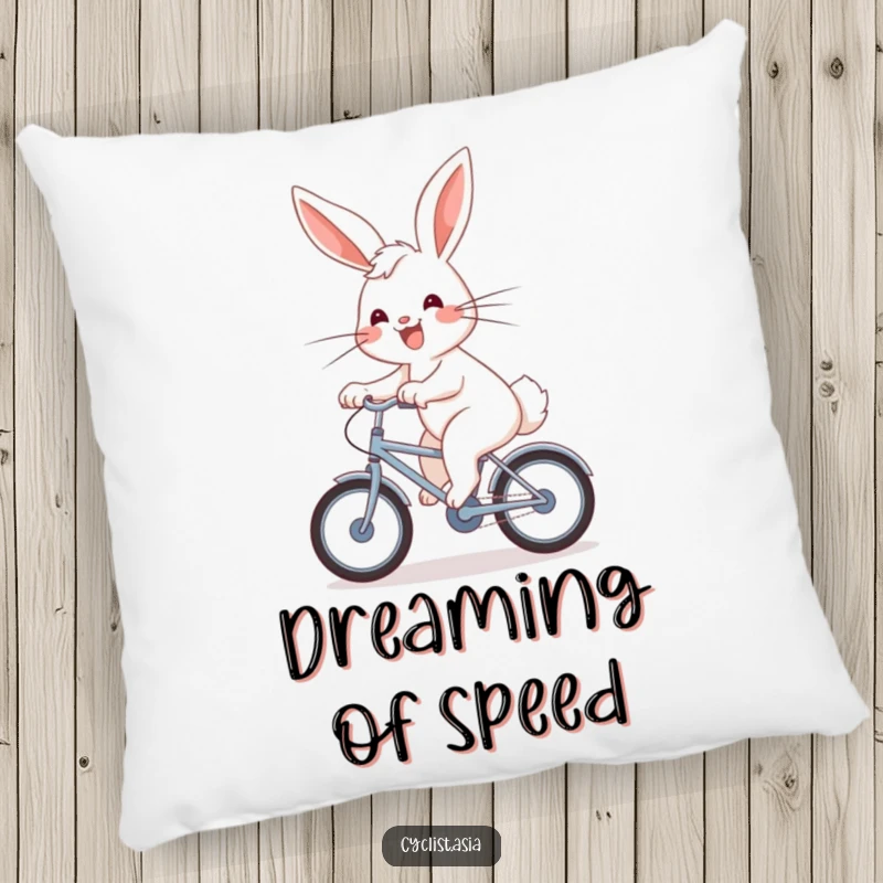 Funny Pillow: An energetic bunny with a joyful grin pedals a small bicycle, wind in its fur.
