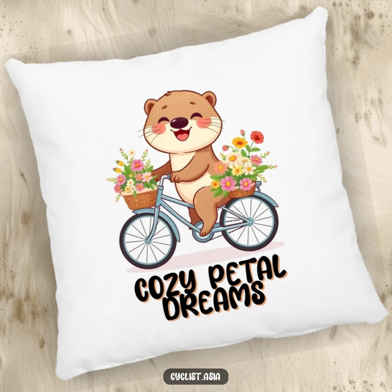 Funny otter pillow showing a happy otter on a flower-filled bicycle, providing plush comfort and cheerful vibes for your couch.