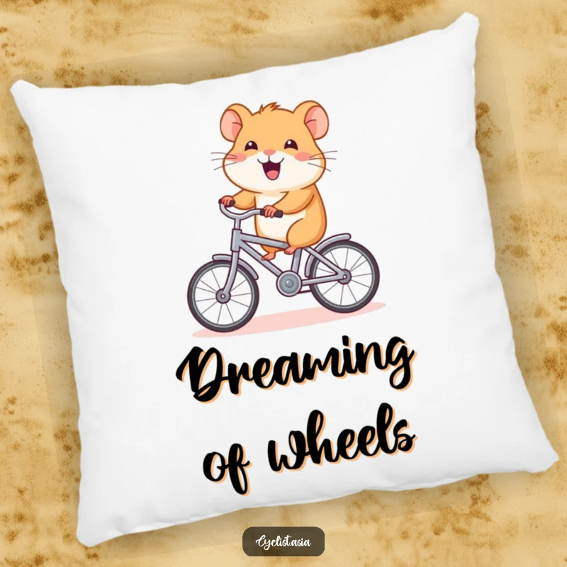 Funny hamster pillow, soft cushion with a happy hamster riding a tiny bike, adding humor and comfort.