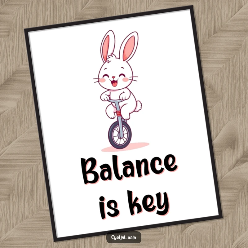 Funny bunny digital art print, cheerful rabbit balancing on a unicycle, instant download, humorous decor, unique gift.