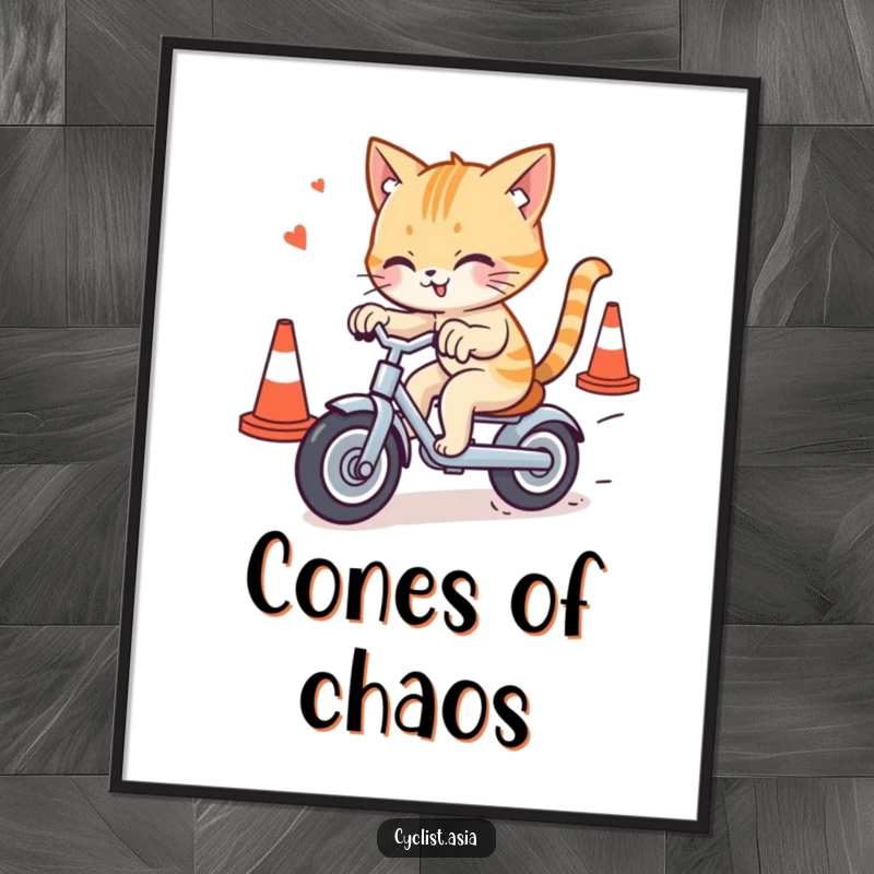 Funny cat digital art print of a mischievous cat weaving through traffic cones on a tricycle, ready for humorous wall decor.