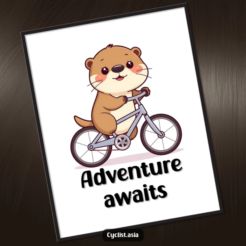 Funny digital art print of a happy otter wiggling its nose as it rides a bicycle, downloadable for immediate humorous decor.