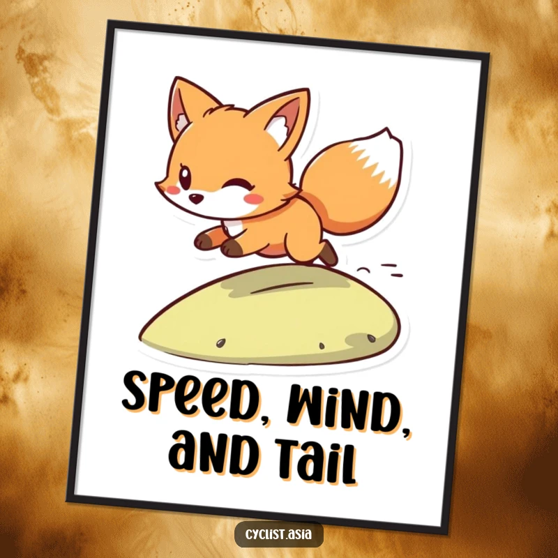 Funny digital art print of a playful fox character with wind in its tail, zooming downhill. Instant download for energetic decor.