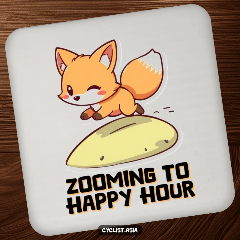 Funny drink coaster with a playful fox character, wind in its tail, zooming downhill. Protects surfaces with fun.