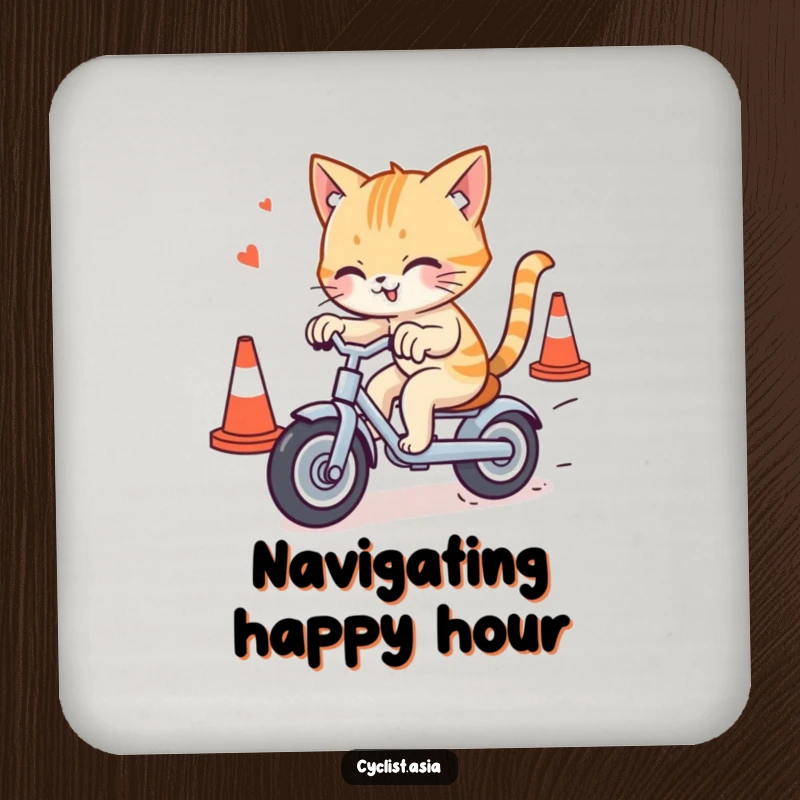 Funny cat drink coasters depicting a mischievous cat navigating traffic cones on a tricycle, protecting surfaces with humor and charm.