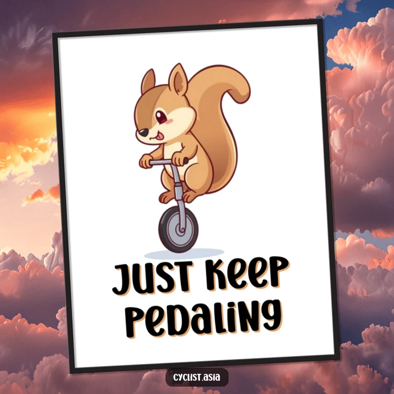 Funny squirrel poster capturing a squirrel's comical attempt at unicycling with a noticeable wobble, adding a humorous touch to wall decor.