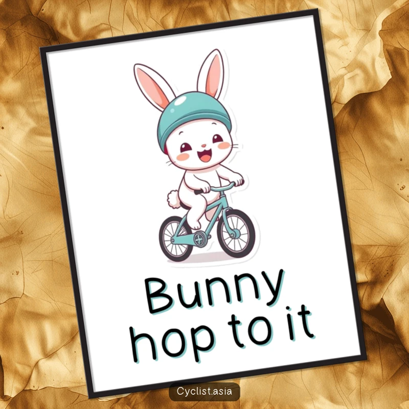 Funny Free Printable Wall Art: Cheerful bunny in a helmet, gleefully riding a tiny bicycle, radiating joy.