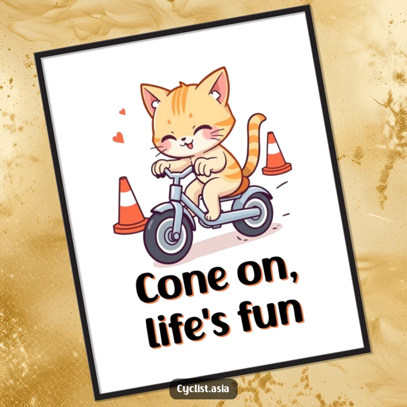Funny Free Printable Wall Art: A determined cat zipping through traffic cones on a tiny, unstable tricycle.