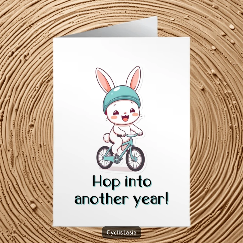 Funny Free Printable Birthday Card: Cheerful bunny in helmet, gleefully riding a tiny bicycle with delight.