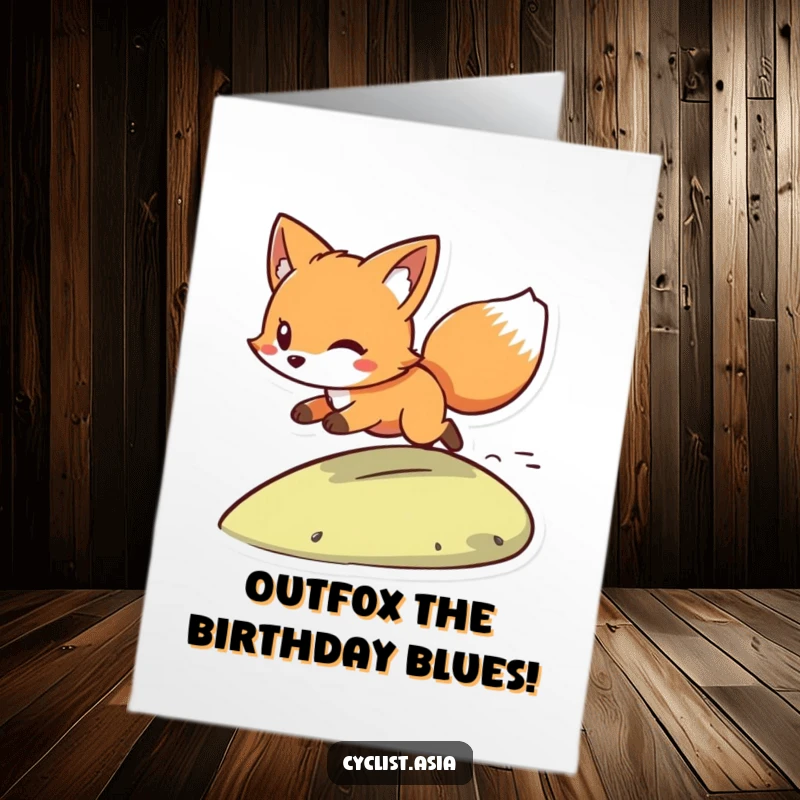 Funny Free Printable Birthday Card: Playful fox with wind in tail, zooming down a hill energetically.