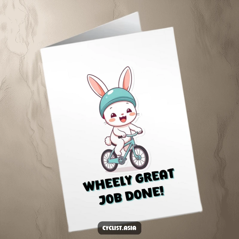 Funny Free Printable Congratulations Card: Cheerful bunny in helmet, gleefully riding towards success.