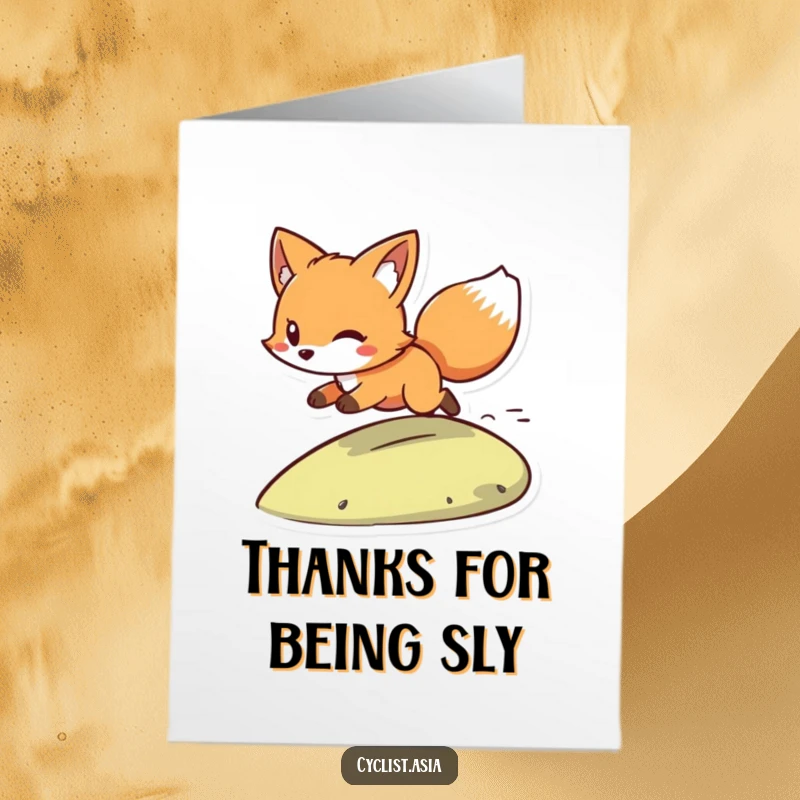 Funny Free Printable Thank You Card: Playful fox zooming down a hill, carrying a thank you message.