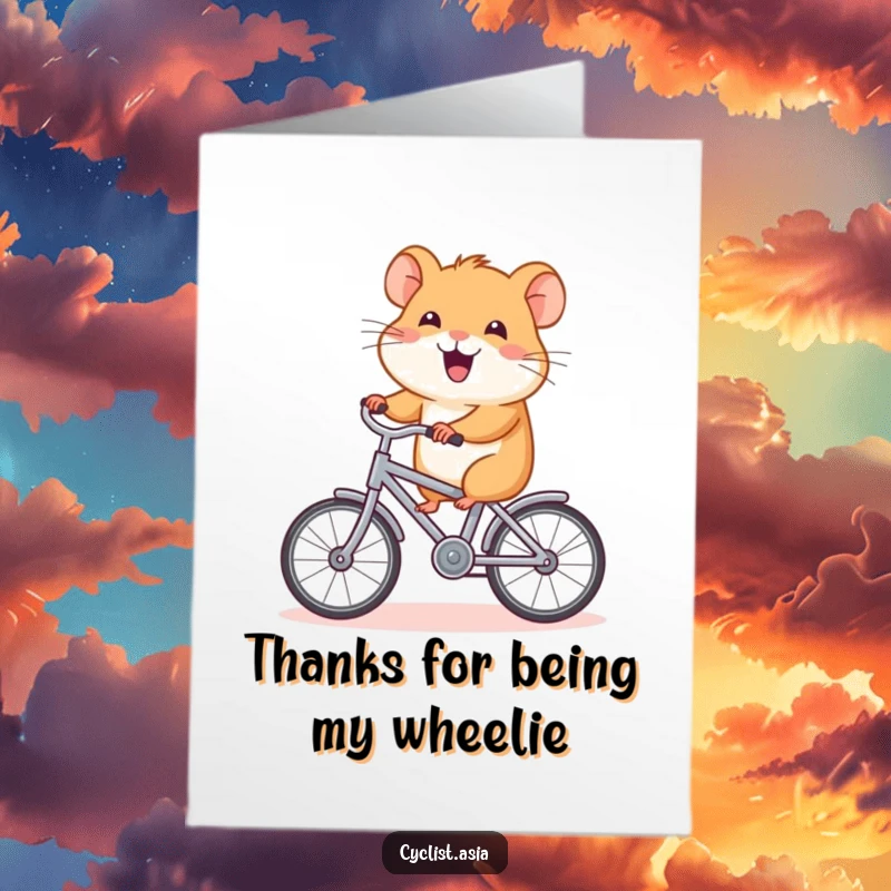 Funny Free Printable Thank You Card: A happy hamster pedals a tiny bicycle, carrying a message of heartfelt thanks.