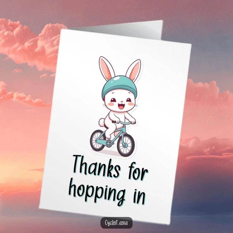 Funny Free Printable Thank You Card: Cheerful bunny in helmet, gleefully riding, delivering thanks.
