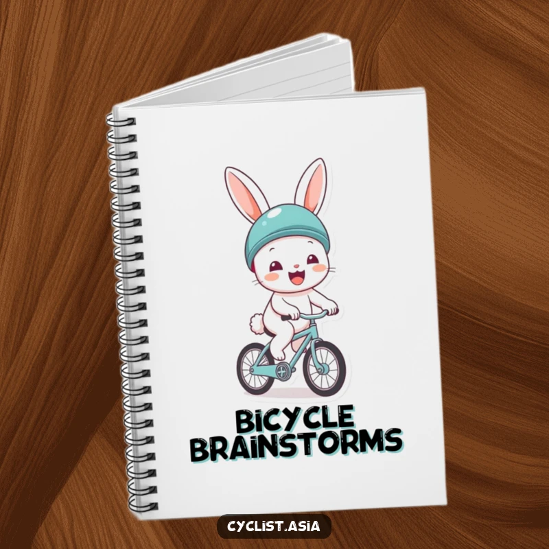 Funny notebook with a cheerful bunny wearing a helmet, gleefully riding a tiny bicycle. Perfect for journaling or planning adventures.