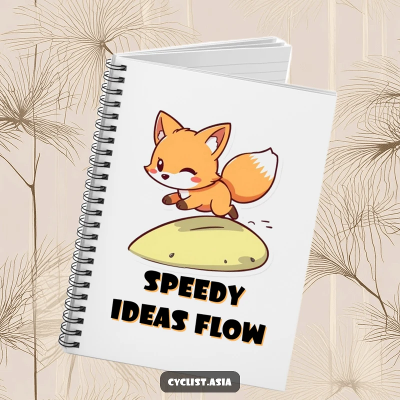 Funny notebook with a playful fox character, wind in its tail, zooming downhill. Perfect for journaling or planning adventures.