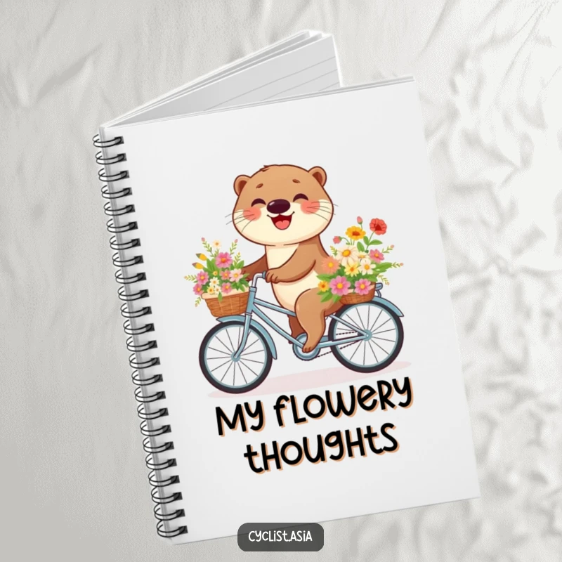 Funny otter notebook featuring an otter cycling with a basket of flowers, perfect for jotting down ideas with a dose of whimsy.