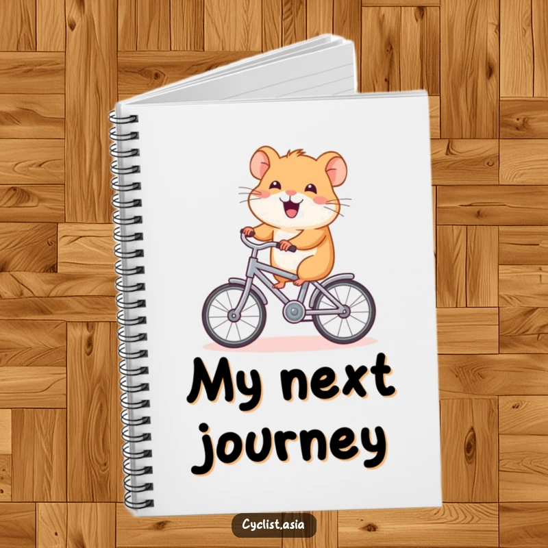 Funny hamster notebook, happy hamster riding a tiny bicycle, journal for notes, perfect for a humorous and useful gift.