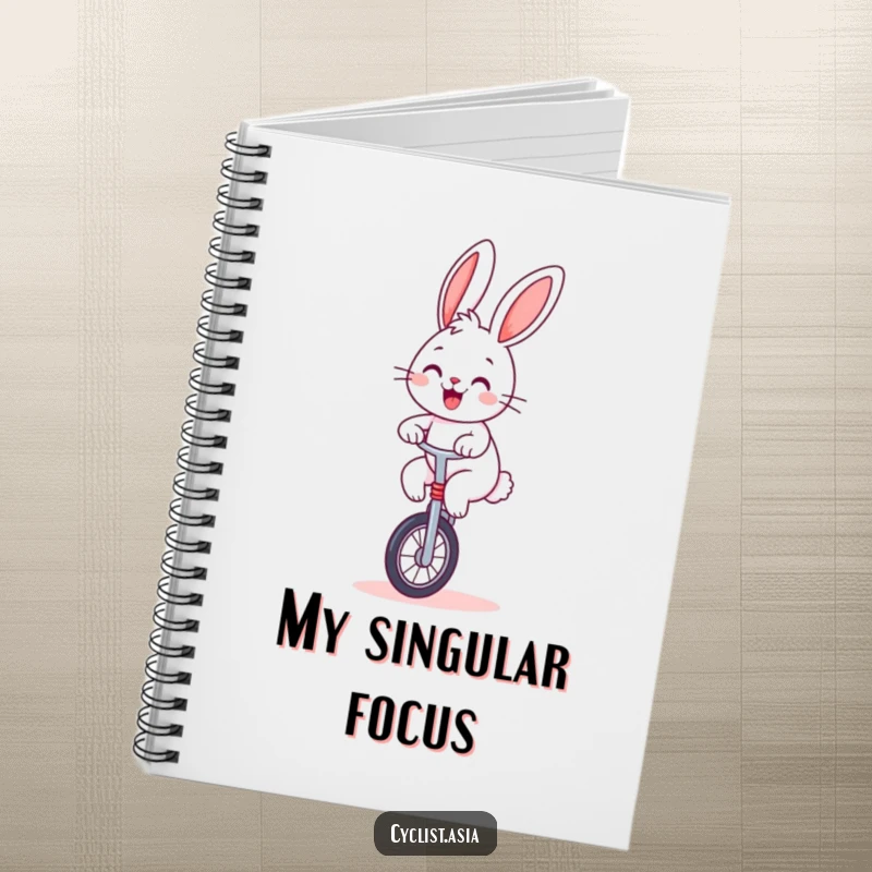 Funny bunny notebook, cheerful bunny balancing on a unicycle, journal for notes, perfect for a humorous and useful gift.