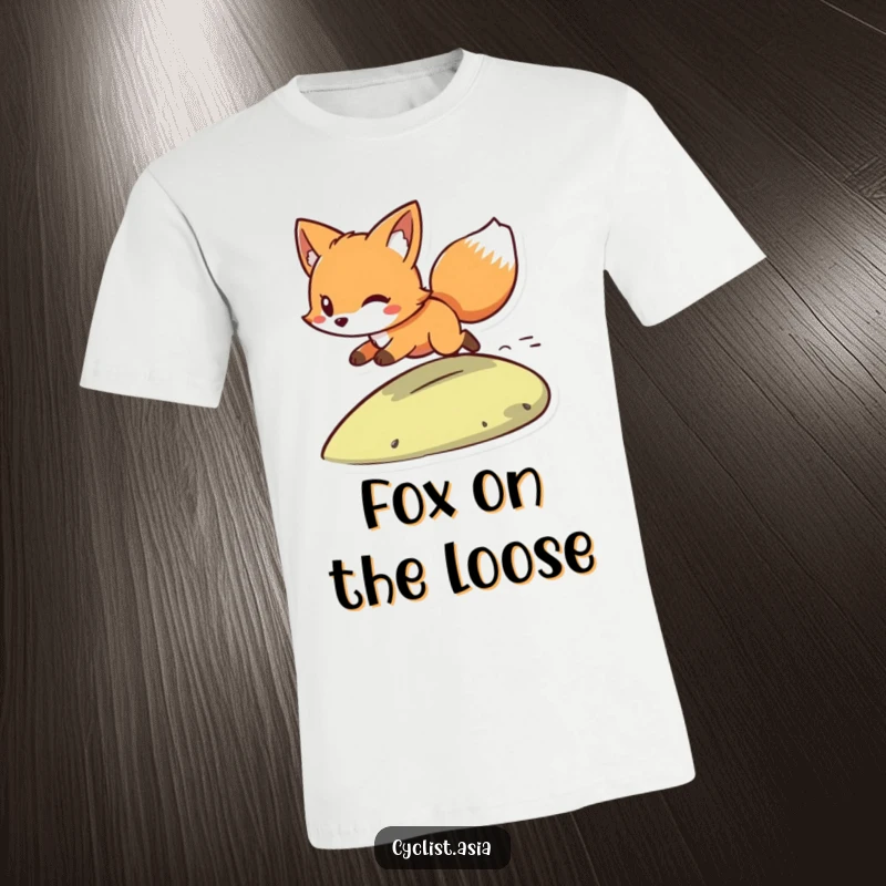 Funny t-shirt featuring a playful fox character with its tail flowing in the wind, zooming downhill fast. Energetic and fun.