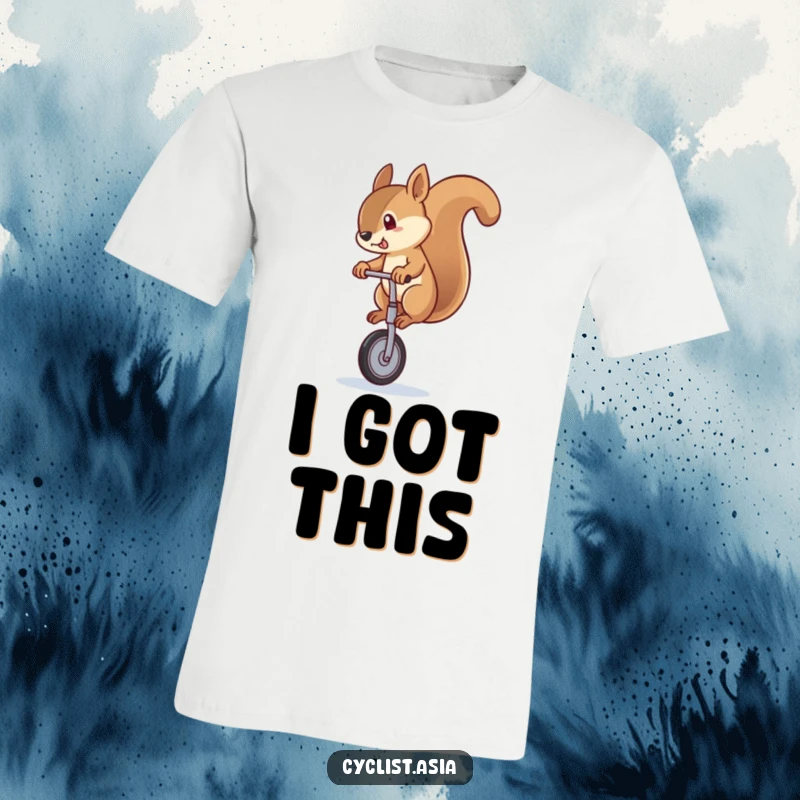 Funny squirrel t-shirt depicting a squirrel hilariously attempting to balance on a unicycle, wobbling precariously for comedic effect.