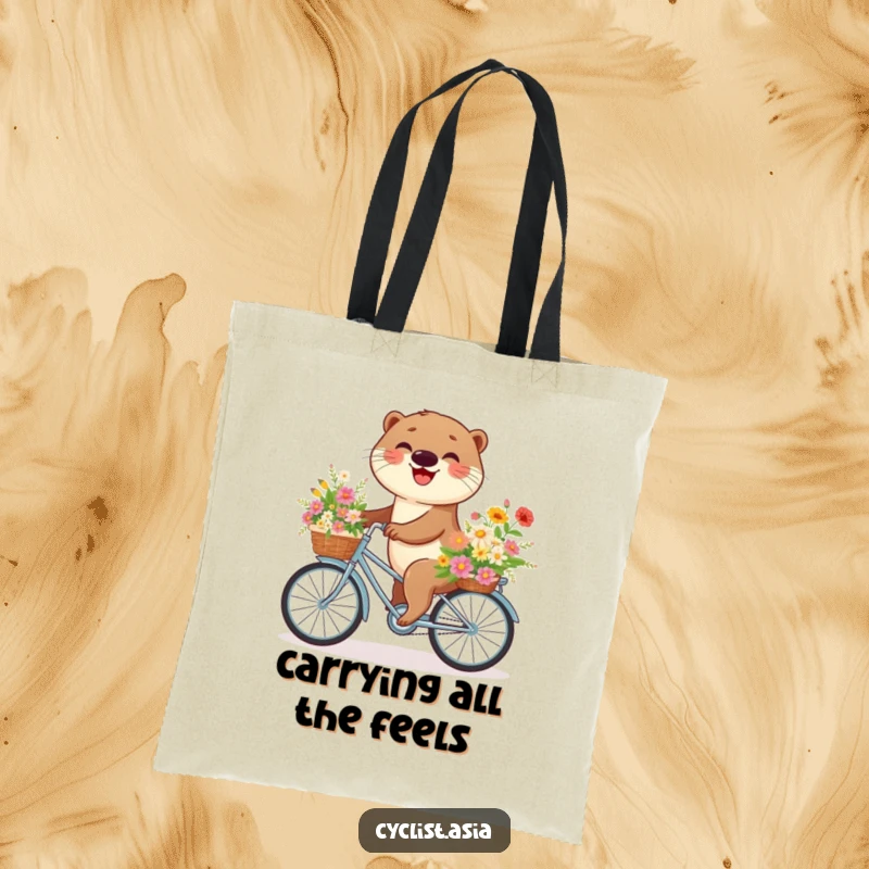 Funny otter tote bag depicting an otter cycling with a basket brimming with flowers, perfect for carrying groceries with flair.